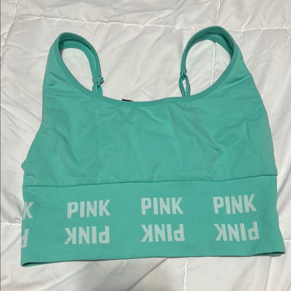 Teal Sports Bra with Pink Logo